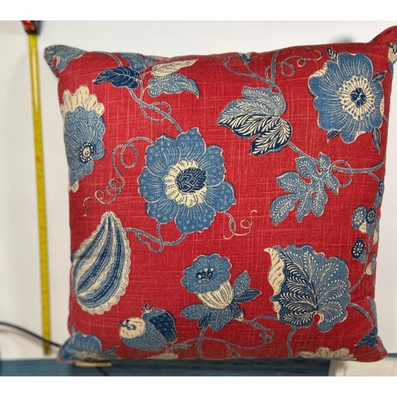 Red,Blue Square Pillow Floral, Stripe Reversible Cotton Blend 18x18” Canaan Co. - Picture 6 of 8